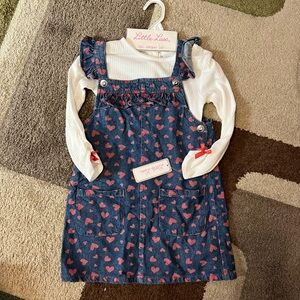 Girl’s Denim Dress with Pink Hearts and White Top